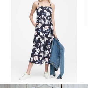 Banana Republic Navy Floral Linen Blend Cropped Wide Leg Jumpsuit 2